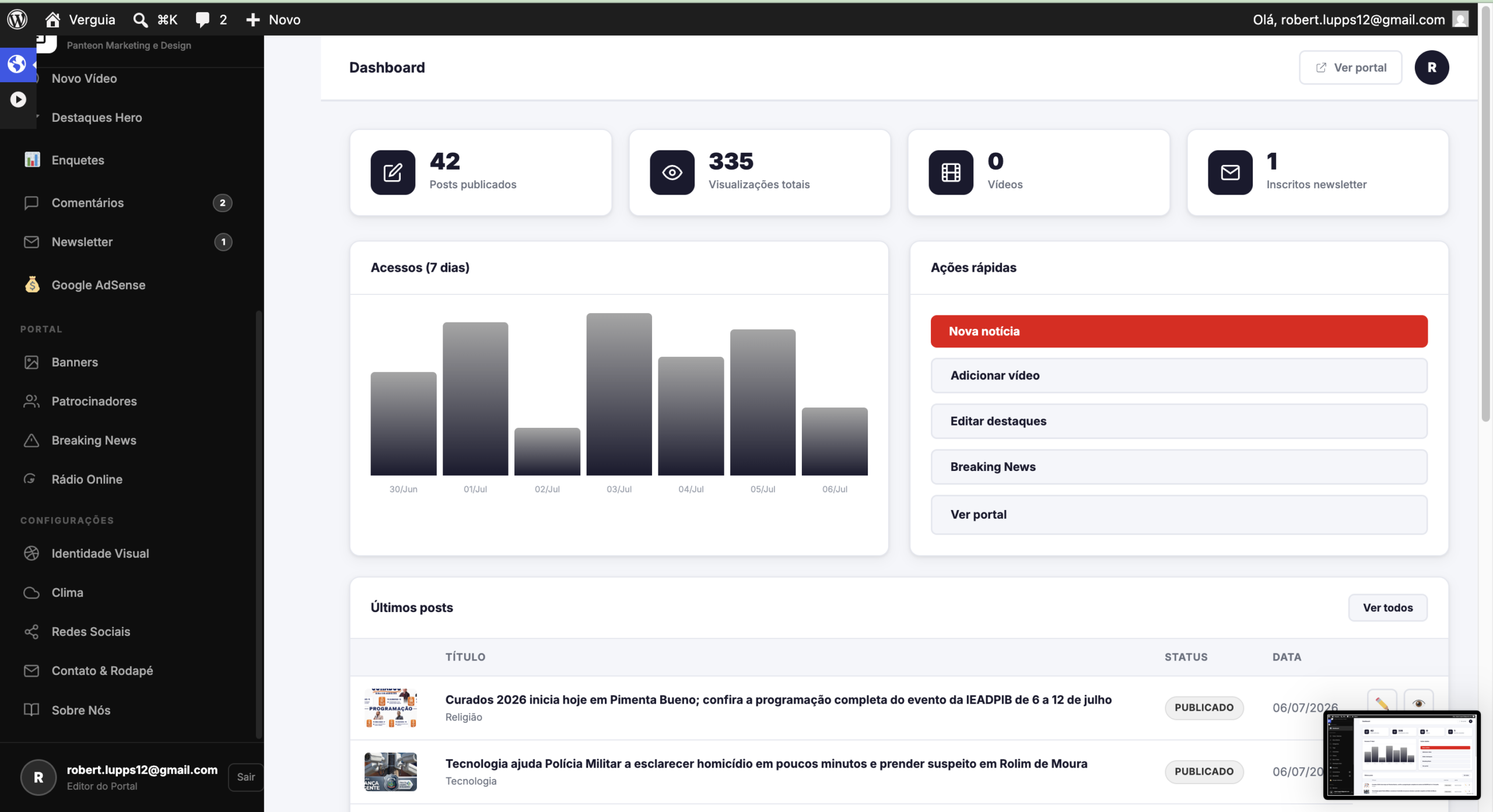 Painel administrativo Panteon News, menu de configurações